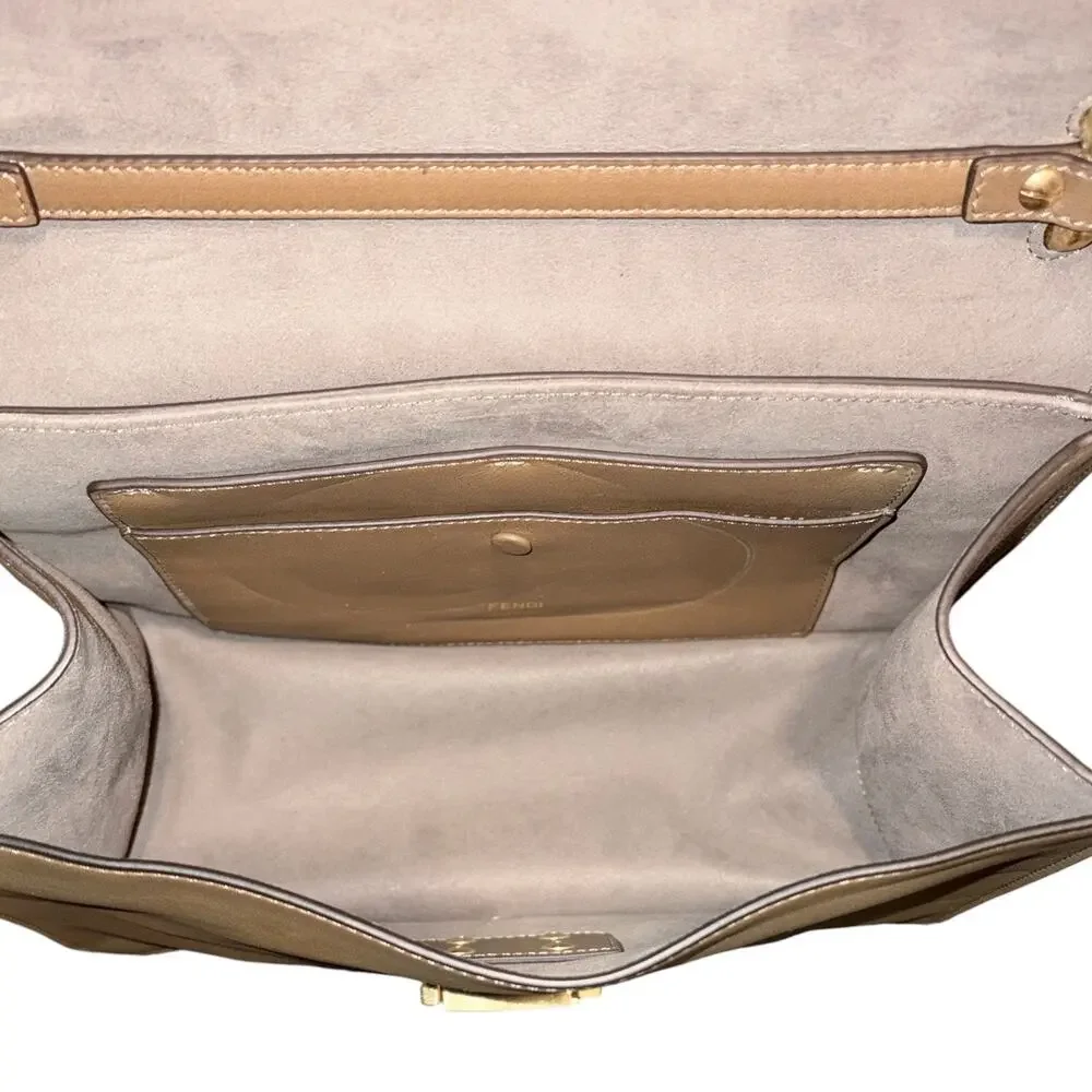 Fendi Kan I Medium FF Logo Print Flap Shoulder Bag Gold Chain Crossbody Khaki
